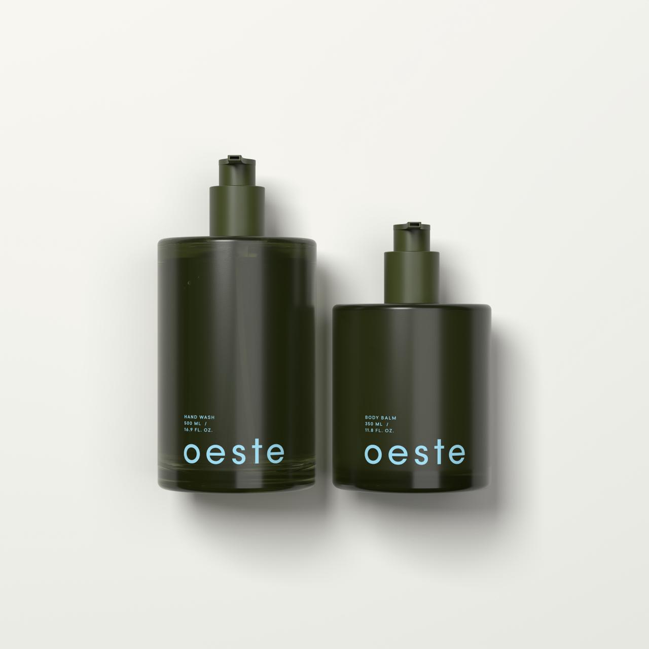 Ordesa refillable hand wash and body balm in green glass